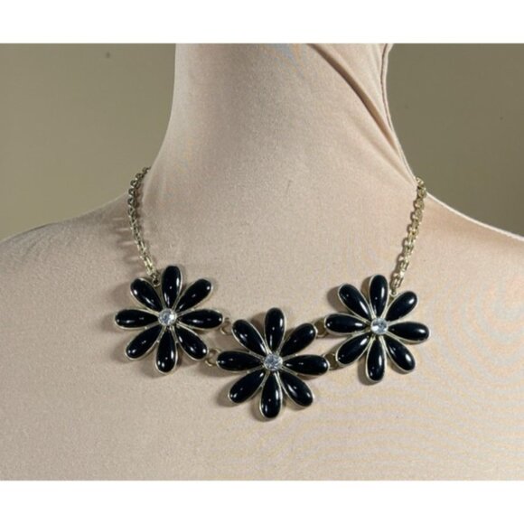 Daisy Choker Necklace Black Rhinestone Gold Tone Statement Chunky - Picture 1 of 4